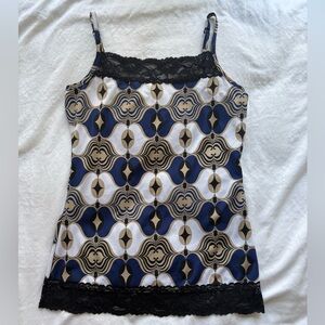Maurices Navy and Beige Patterned Cami with Black Lace